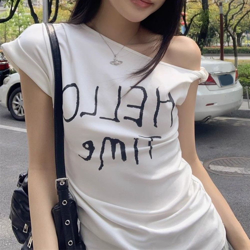 Summer Women Slim Fit Off Shoulder T Shirt with Letter Print for Casual Wear - Picture 26 of 29
