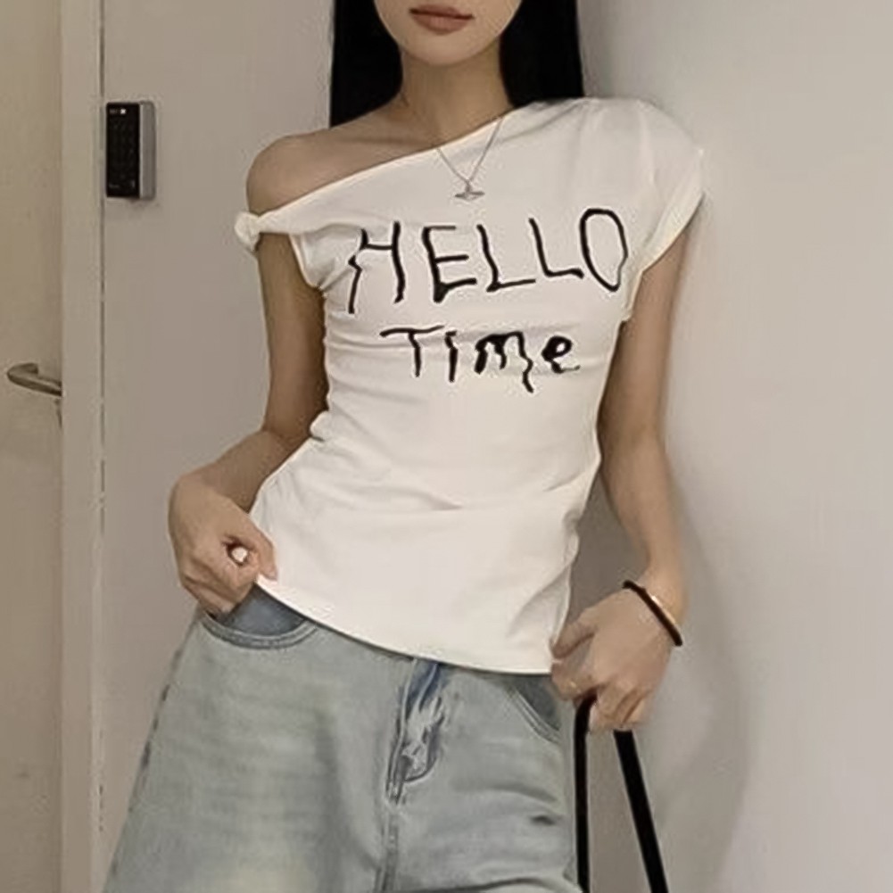 Summer Women Slim Fit Off Shoulder T Shirt with Letter Print for Casual Wear - Picture 24 of 29