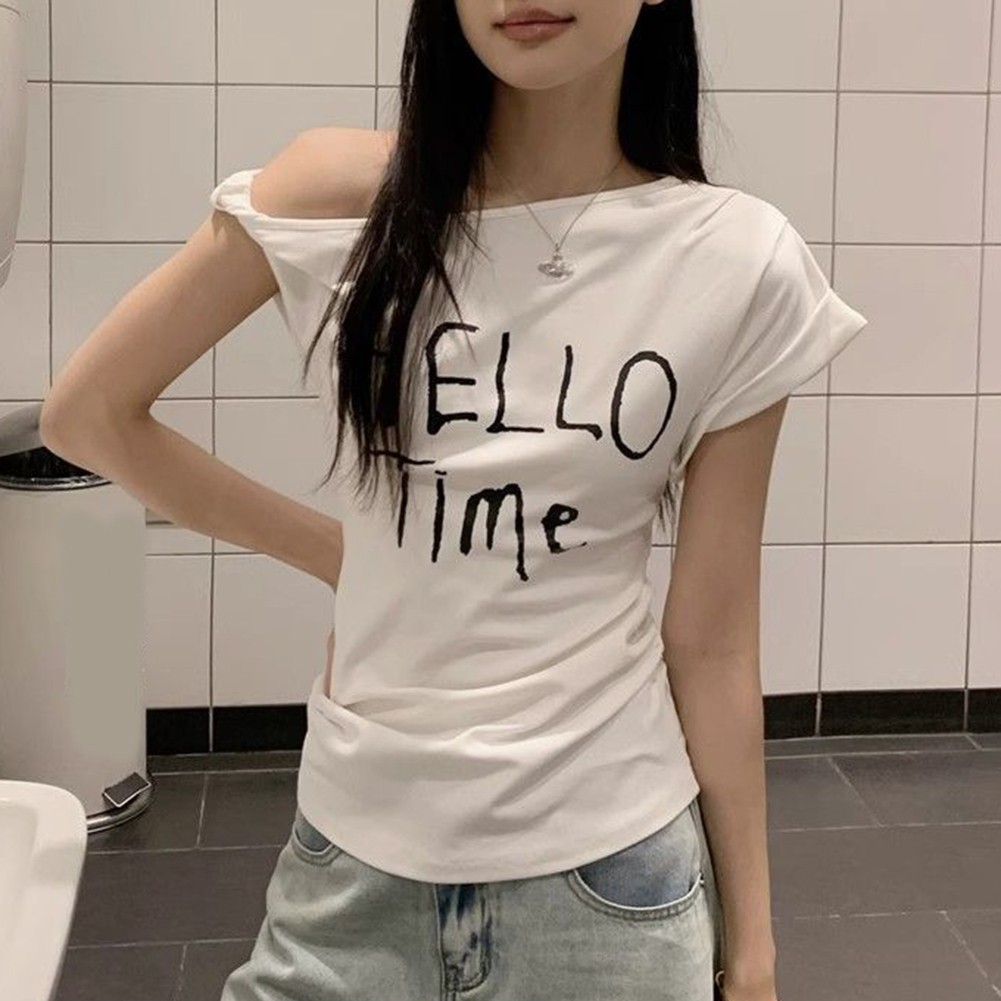 Summer Women Slim Fit Off Shoulder T Shirt with Letter Print for Casual Wear - Picture 23 of 29
