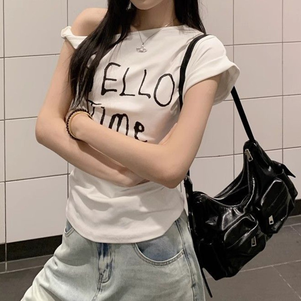 Summer Women Slim Fit Off Shoulder T Shirt with Letter Print for Casual Wear - Picture 25 of 29