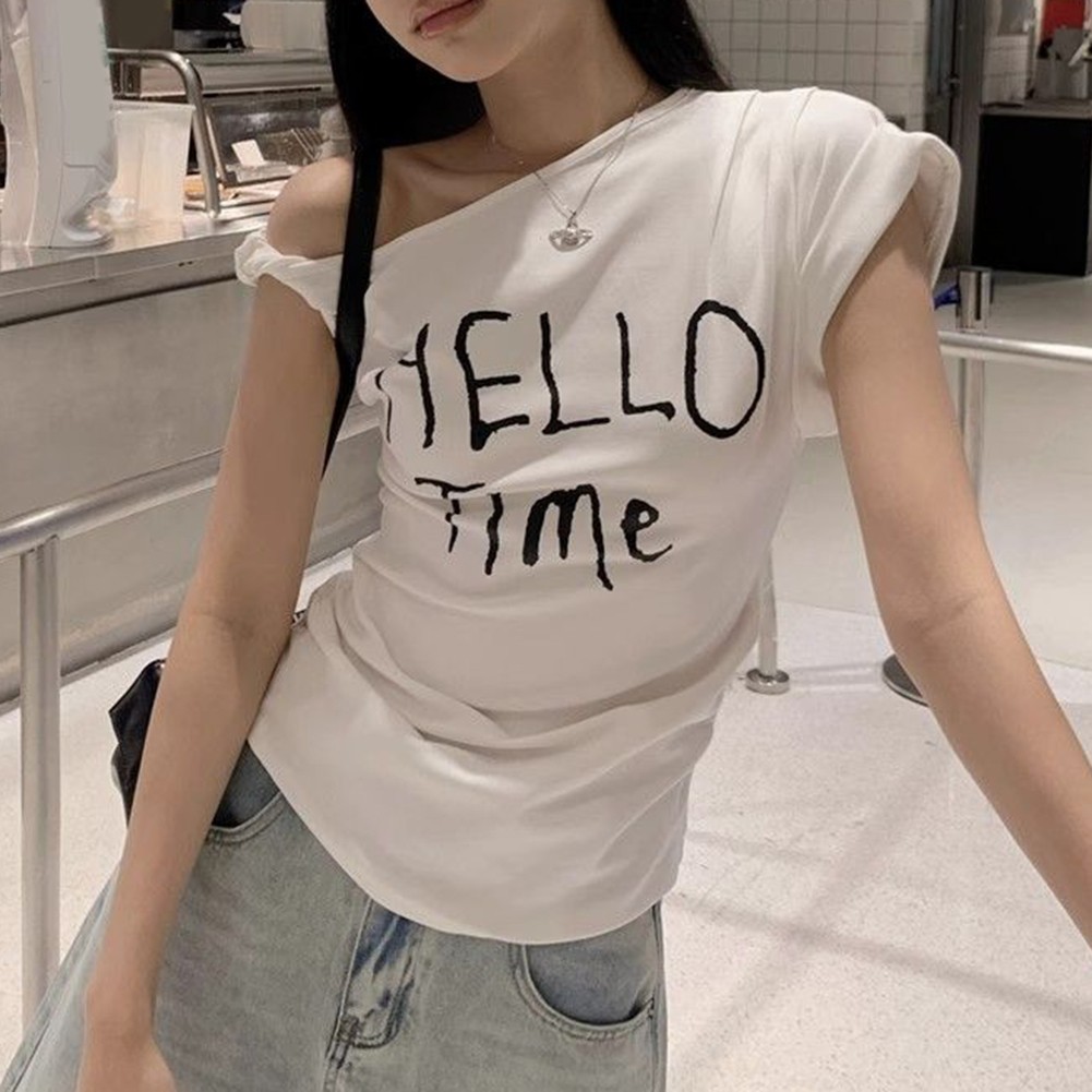 Summer Women Slim Fit Off Shoulder T Shirt with Letter Print for Casual Wear - Picture 22 of 29