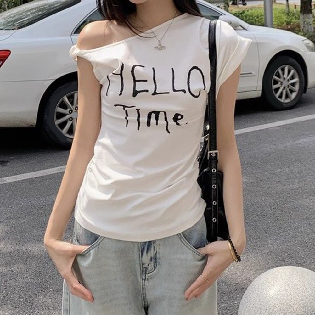 Summer Women Slim Fit Off Shoulder T Shirt with Letter Print for Casual Wear - Picture 20 of 29