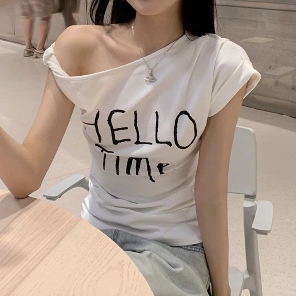 Summer Women Slim Fit Off Shoulder T Shirt with Letter Print for Casual Wear - Picture 29 of 29