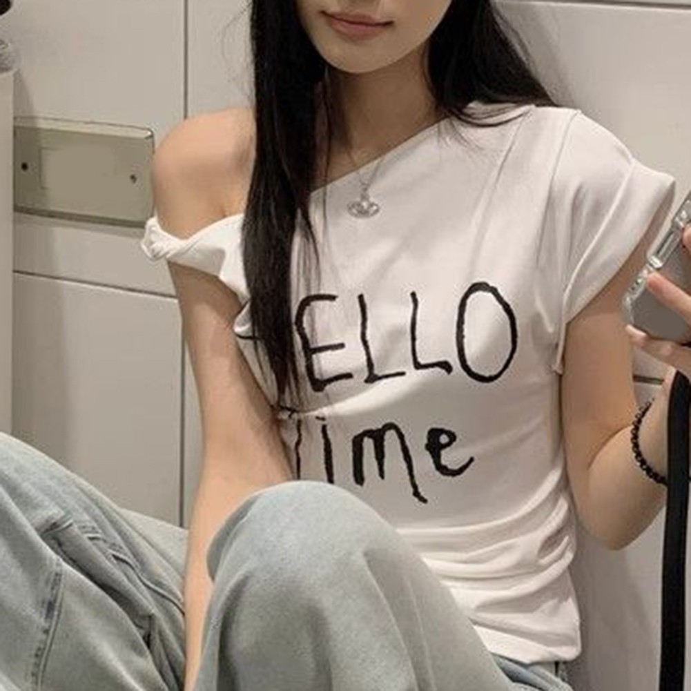 Summer Women Slim Fit Off Shoulder T Shirt with Letter Print for Casual Wear - Picture 21 of 29