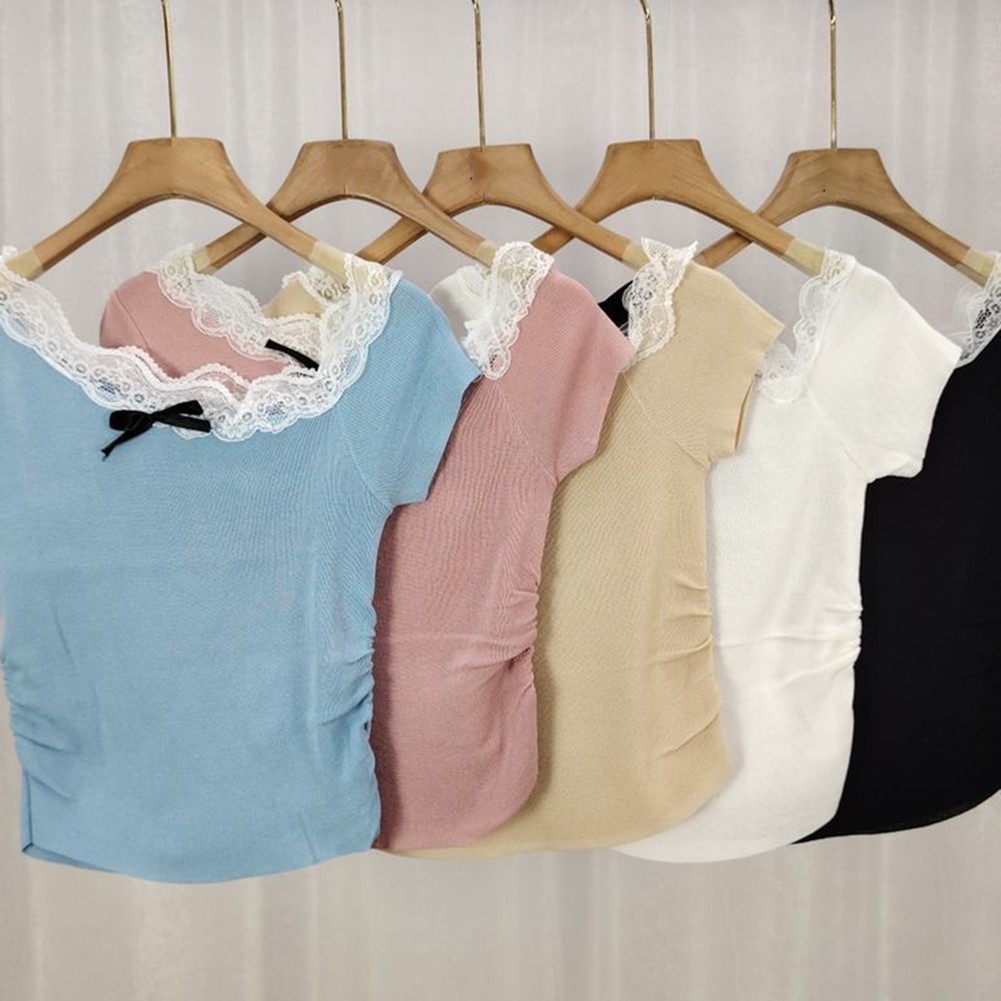 Slim Fit Off Shoulder T officiel Shirt for Women with Bow Lace for Summer Fashion