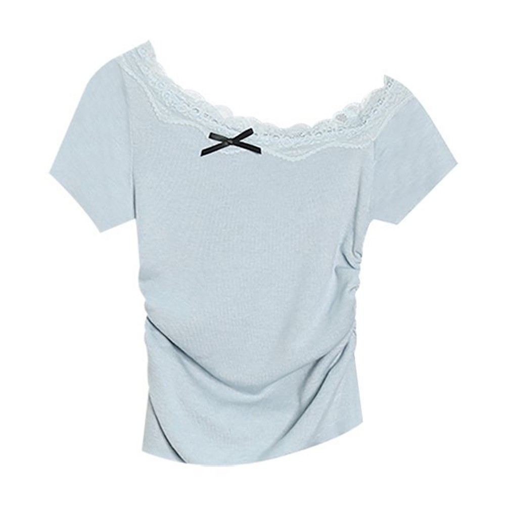 Slim Fit Off Shoulder vente T Shirt for Women with Bow Lace for Summer Fashion