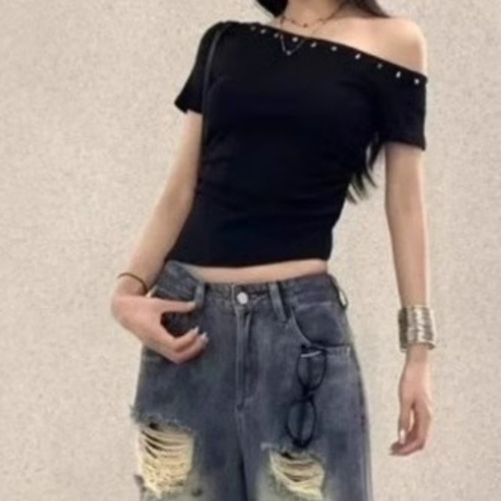 Rivet Summer T Shirt for Women Off Shoulder Slim Short Sleeve Casual Look - Picture 9 of 10