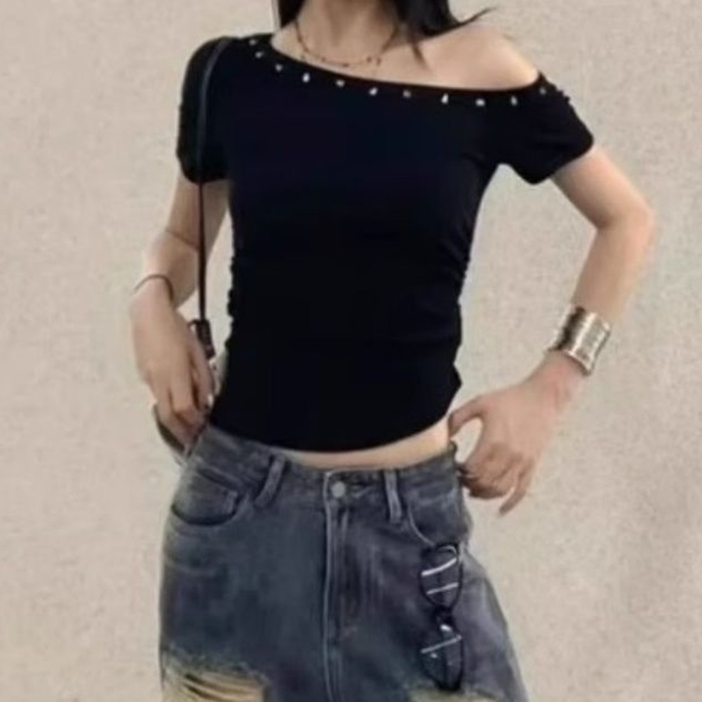 Rivet Summer T Shirt for Women Off Shoulder Slim Short Sleeve Casual Look - Picture 8 of 10