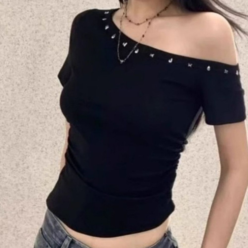 Rivet Summer T Shirt for Women Off Shoulder Slim Short Sleeve Casual Look - Picture 7 of 10