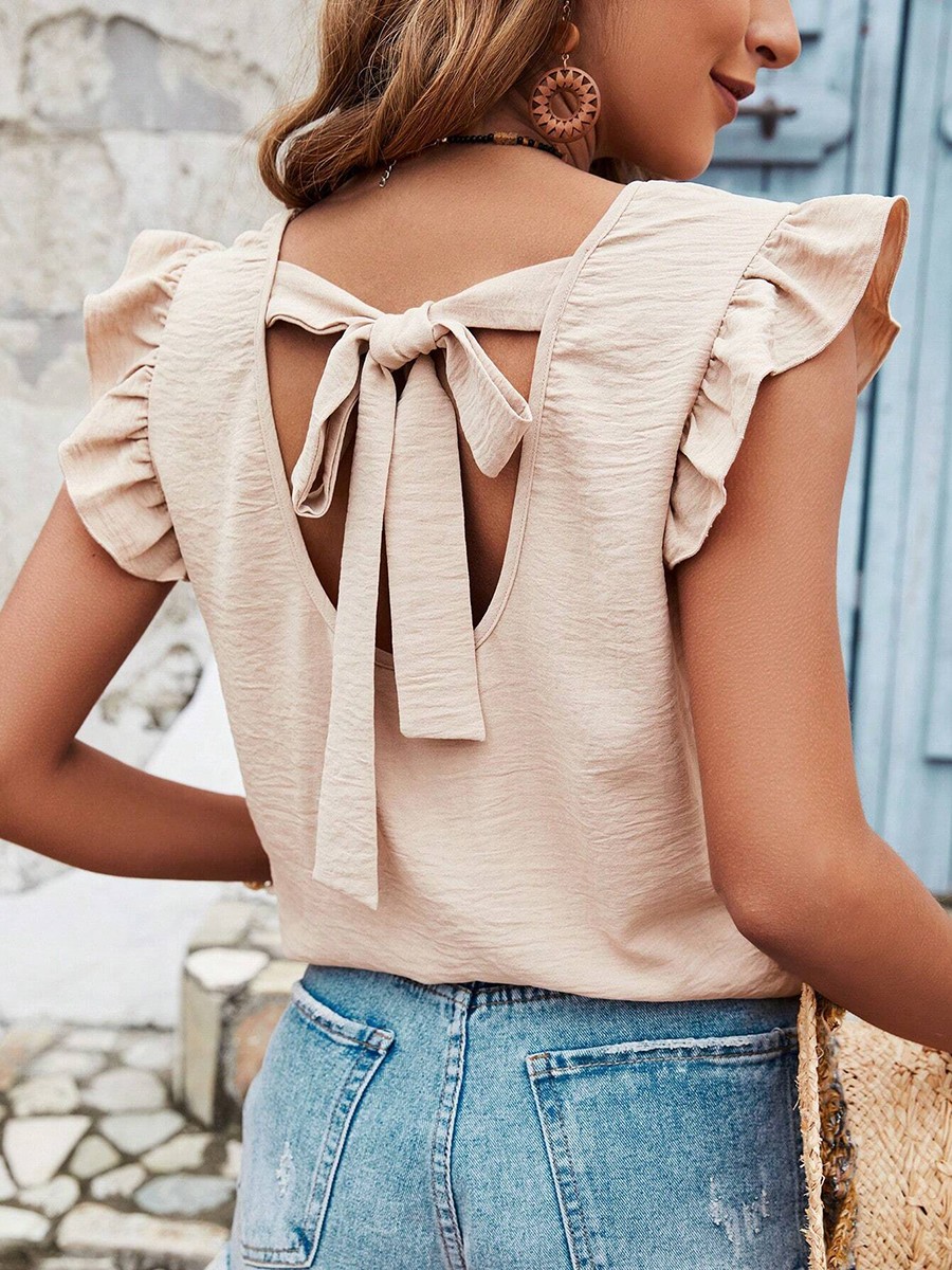 Loose Fit Women's Round Neck Vest with Ruffles and Bows in Solid Color - Picture 34 of 71
