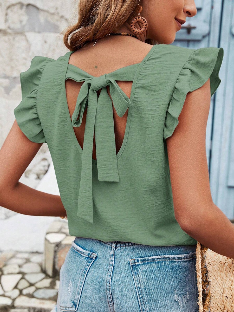 Loose Fit Women's Round Neck Vest with Ruffles and Bows in Solid Color - Picture 44 of 71
