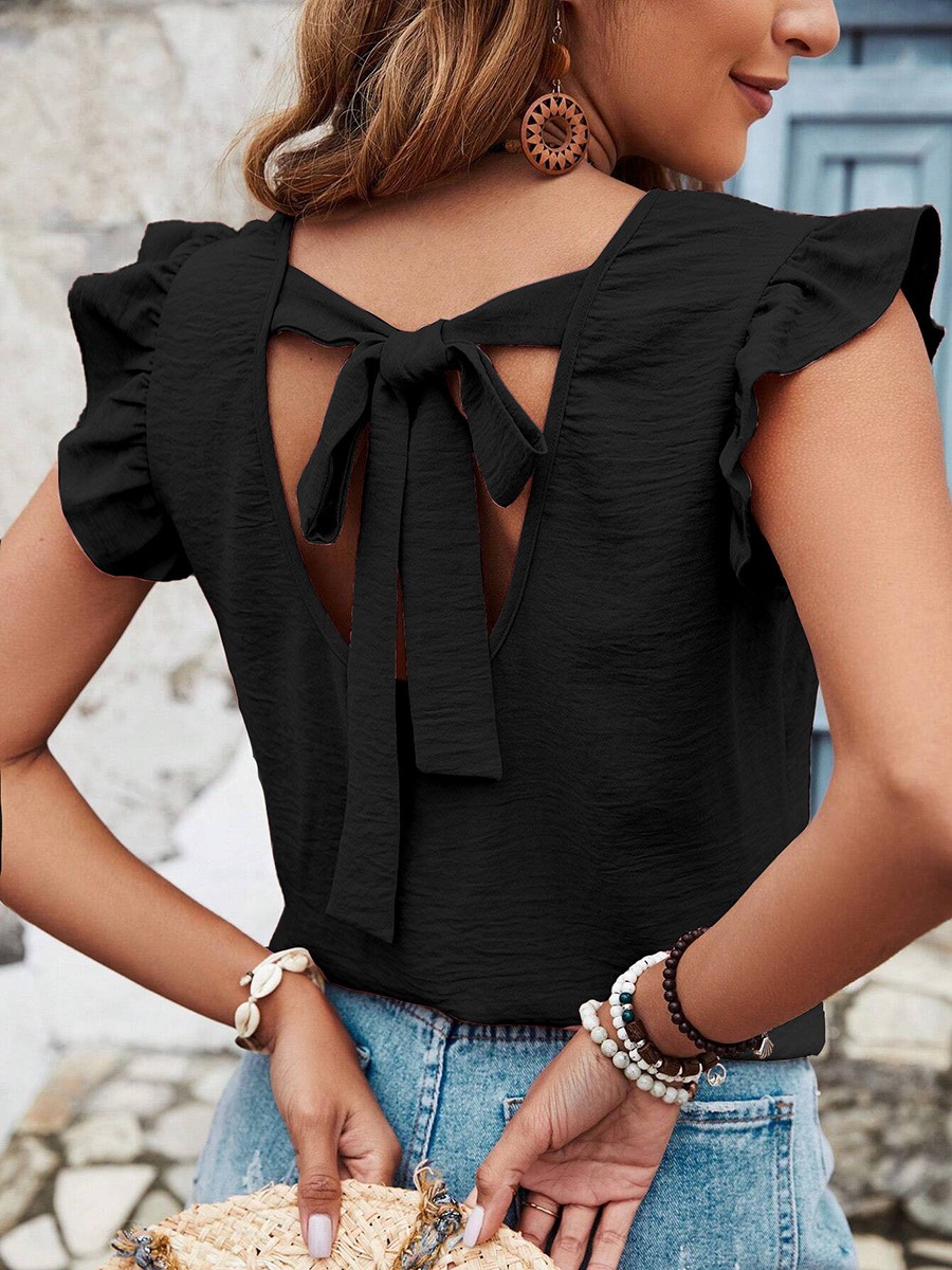 Loose Fit Women's Round Neck Vest with Ruffles and Bows in Solid Color - Picture 64 of 71