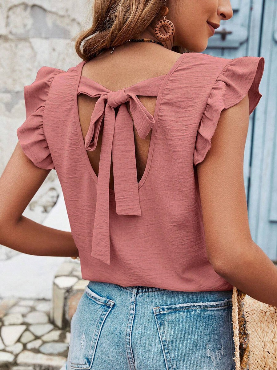 Loose Fit Women's Round Neck Vest with Ruffles and Bows in Solid Color - Picture 25 of 71