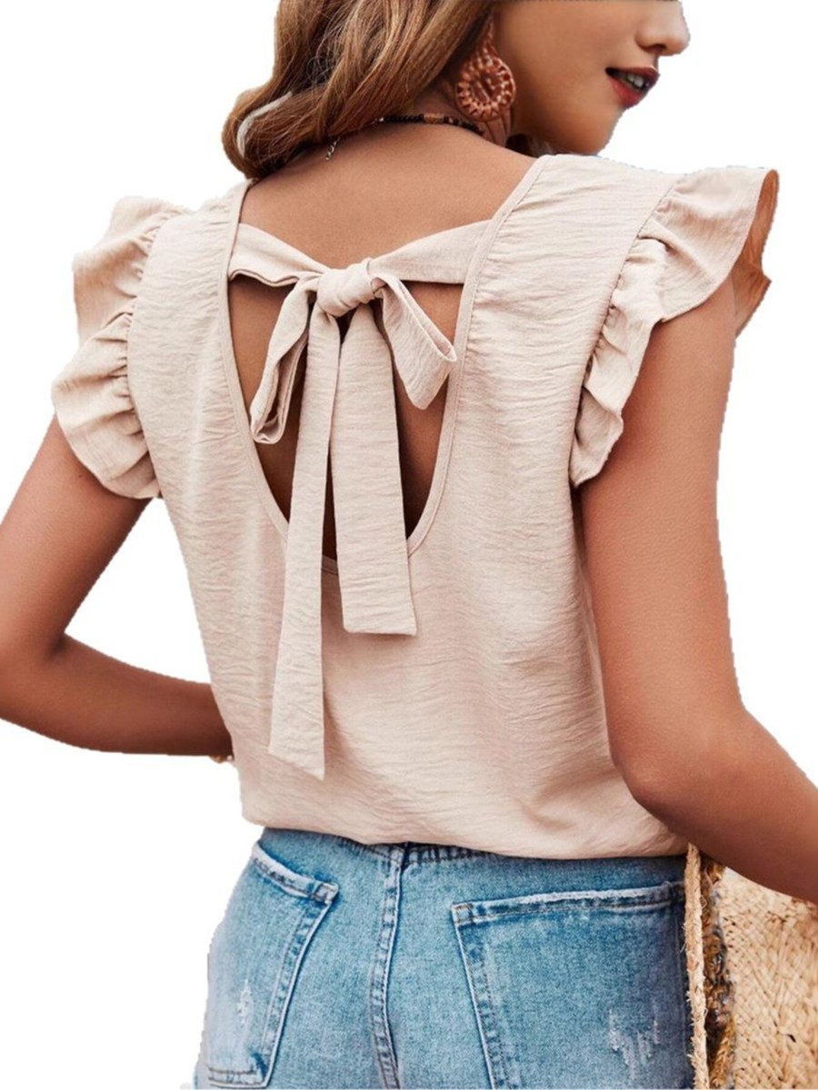 Loose Fit Women's Round Neck Vest with Ruffles and Bows in Solid Color - Picture 33 of 71