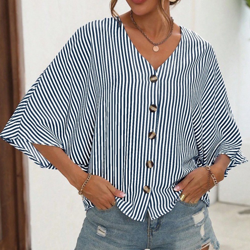 Trendy Women's Striped V Neck Bat Shirt for Casual Days and Special Gatherings - Picture 30 of 79