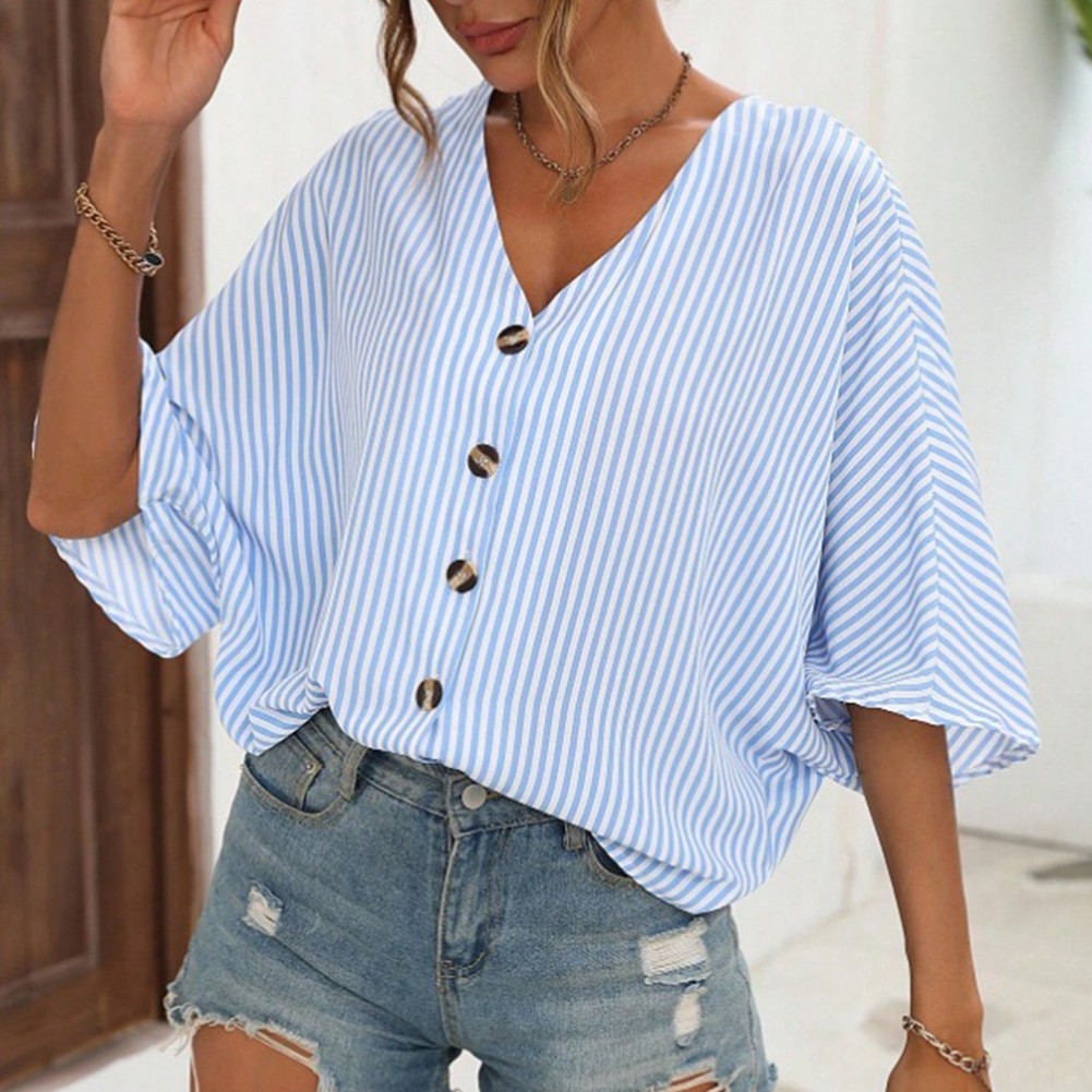 Trendy Women's Striped V Neck Bat Shirt for Casual Days and Special Gatherings - Picture 33 of 79