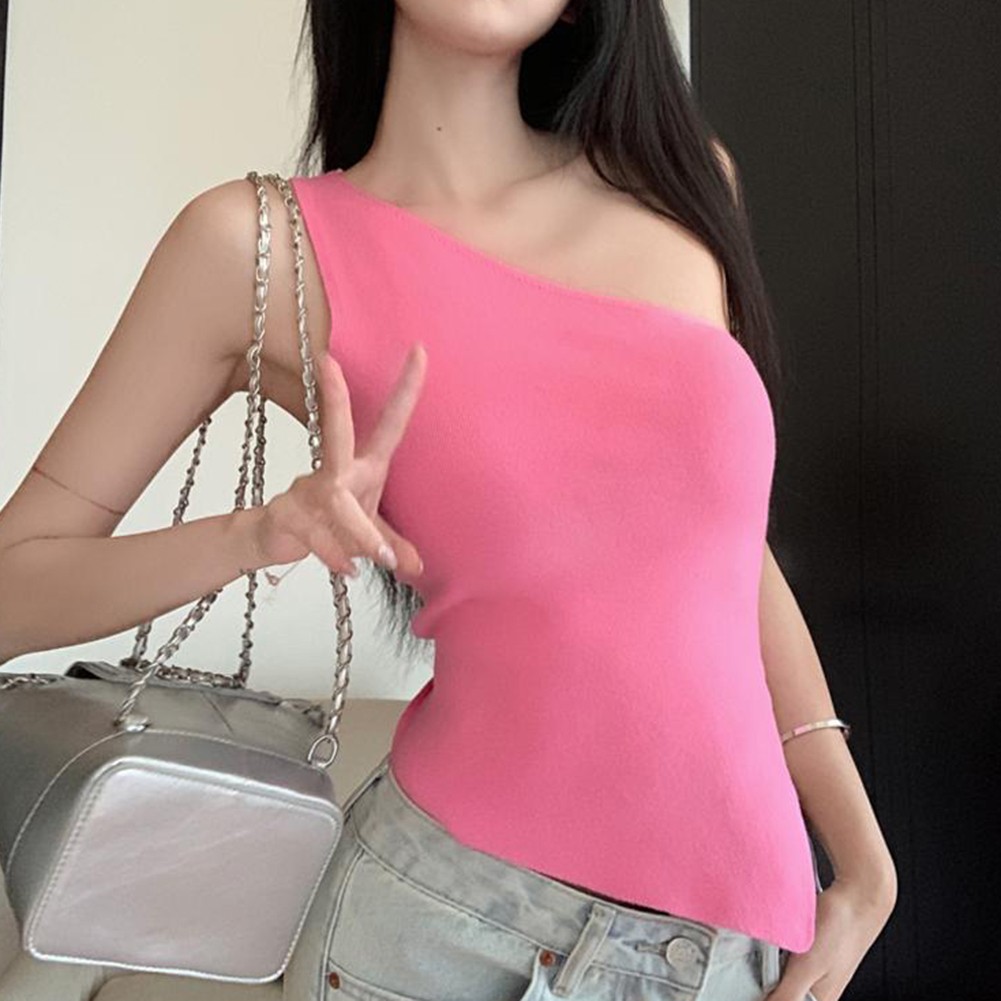 Off Shoulder Vest Ladies Casual Top No Collar remise Neckline Polyester Fabric