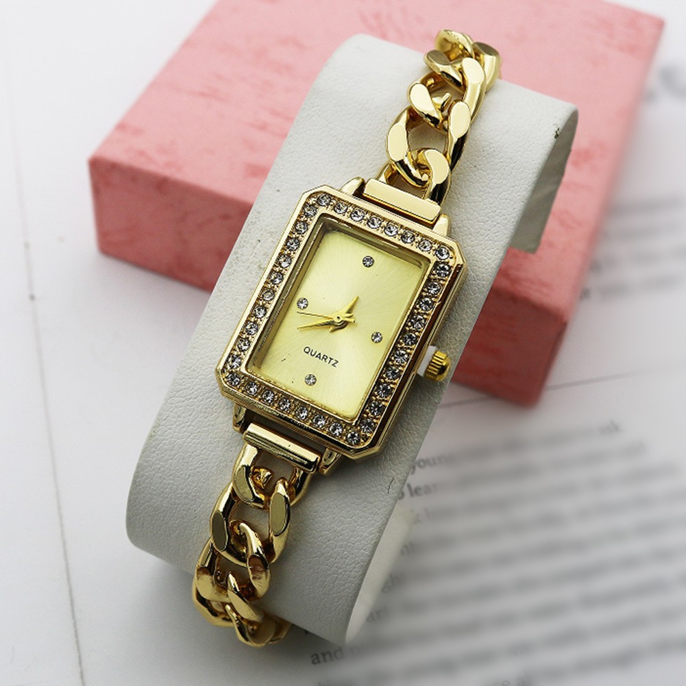 Stylish Women's Bracelet Watch with Rectangular Gold and Diamond Features