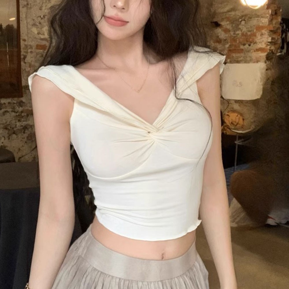 Pure Desire Short Sleeve Slim Fit T Shirt For Women Summer Ruffled V Neck - Picture 18 of 22