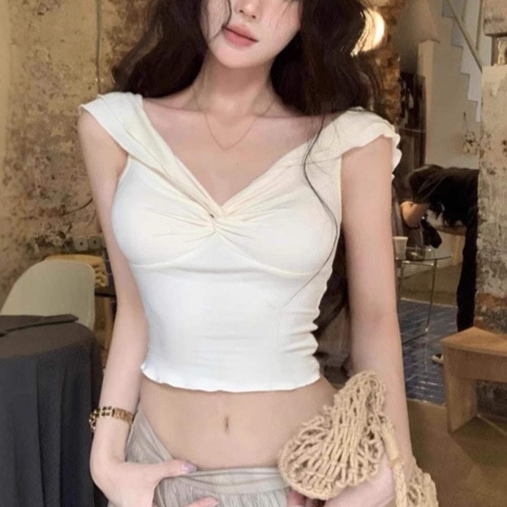 Pure Desire Short Sleeve Slim Fit T Shirt For Women Summer Ruffled V Neck - Picture 13 of 22