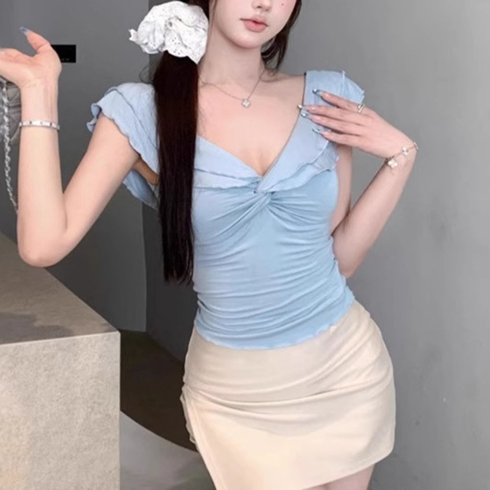 Pure Desire Short Sleeve Slim Fit T Shirt For Women Summer Ruffled V Neck - Picture 21 of 22