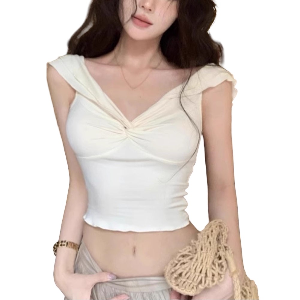 Pure Desire Short Sleeve Slim Fit T Shirt For Women Summer Ruffled V Neck - Picture 19 of 22