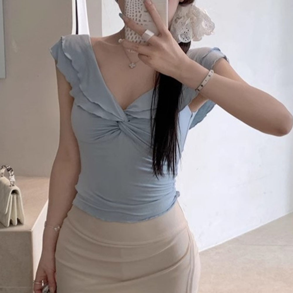 Pure Desire Short Sleeve Slim Fit T Shirt For Women Summer Ruffled V Neck - Picture 22 of 22