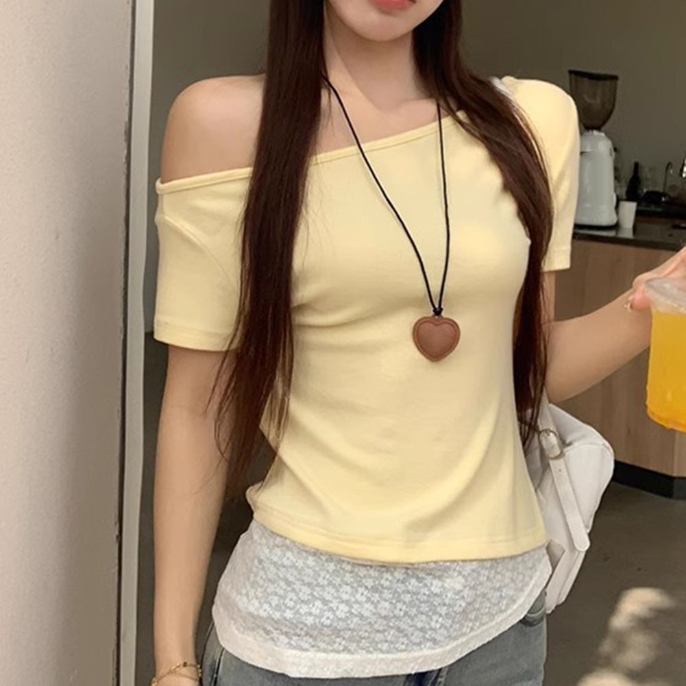 T-shirt donna spalle scoperte slim con giunture in pizzo per moda estiva - Foto 36 di 60