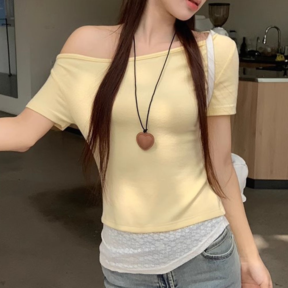 T-shirt donna spalle scoperte slim con giunture in pizzo per moda estiva - Foto 16 di 60
