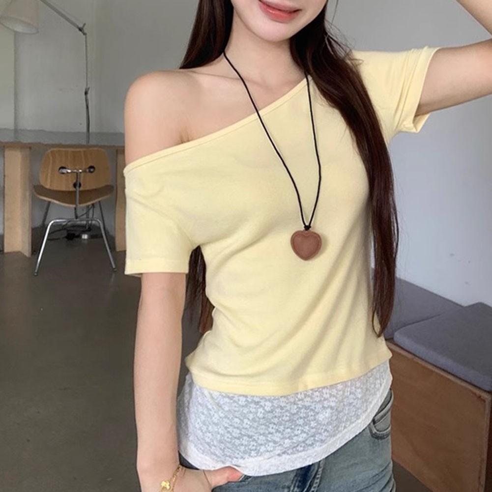 T-shirt donna spalle scoperte slim con giunture in pizzo per moda estiva - Foto 28 di 60