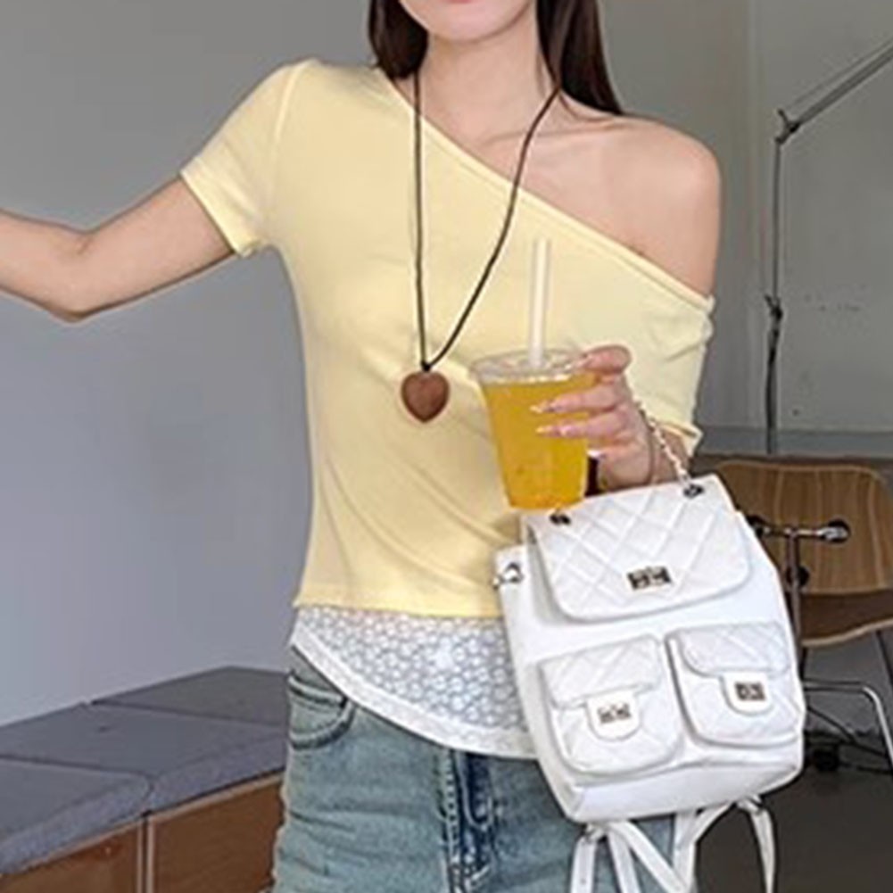 T-shirt donna spalle scoperte slim con giunture in pizzo per moda estiva - Foto 23 di 60