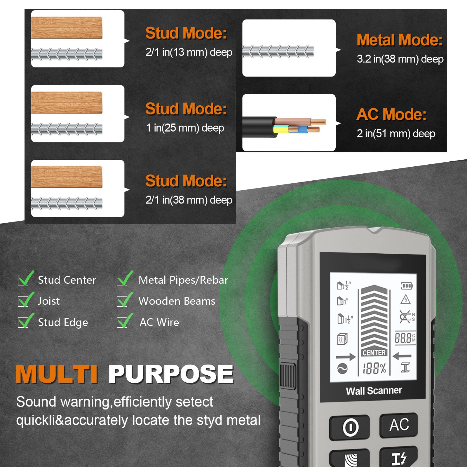 Détecteur de goujons 7 en 1 avec écran LCD pour détection bois métal et officiel câblage AC