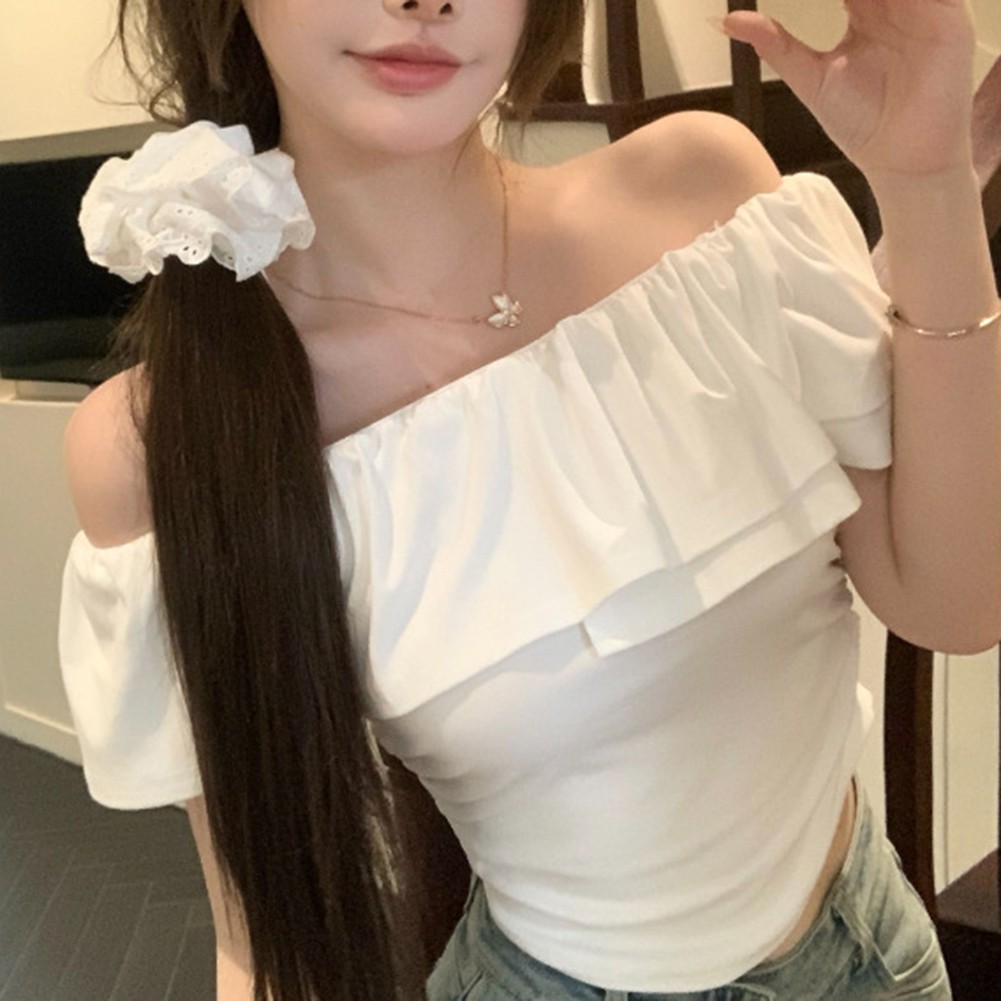 Daily Casual One Shoulder T Shirt Polyester Fabric Solid Color Pattern