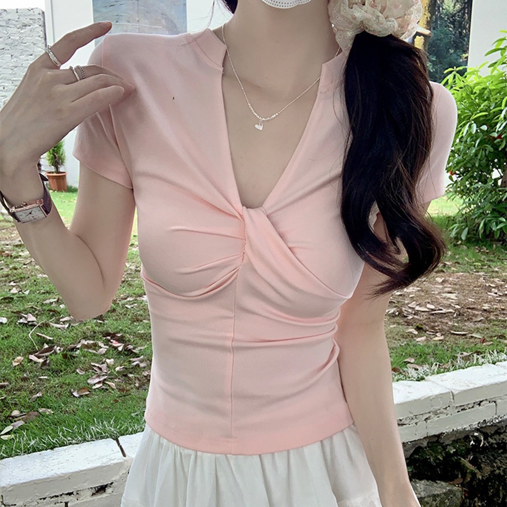 For Daily Wear V Neck Pleated Shirt Short Sleeve Blouse Multiple Sizes Available - Picture 14 of 36