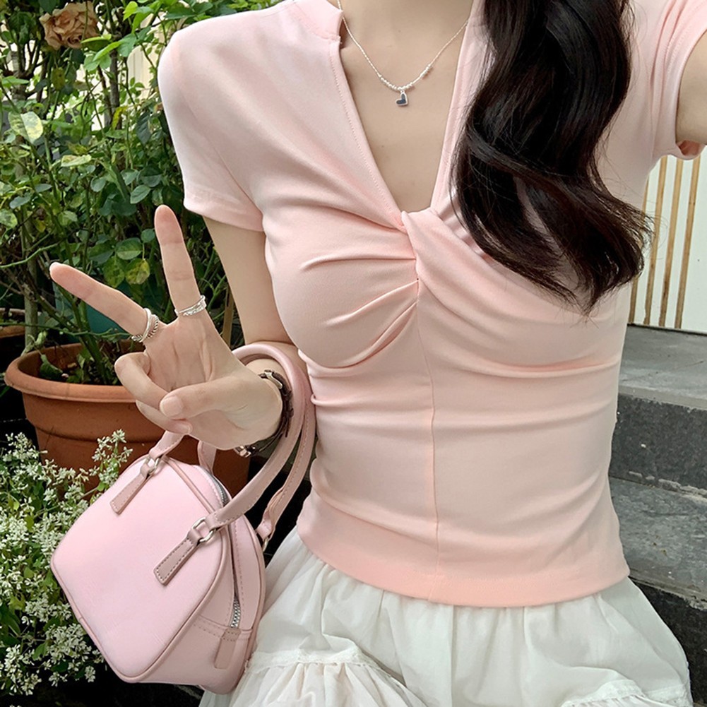 For Daily Wear V Neck Pleated Shirt Short Sleeve Blouse Multiple Sizes Available - Picture 13 of 36