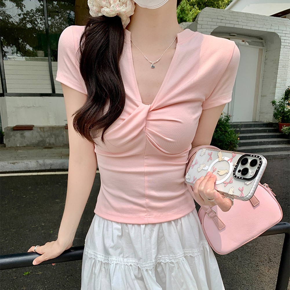 For Daily Wear V Neck Pleated Shirt Short Sleeve Blouse Multiple Sizes Available - Picture 17 of 36