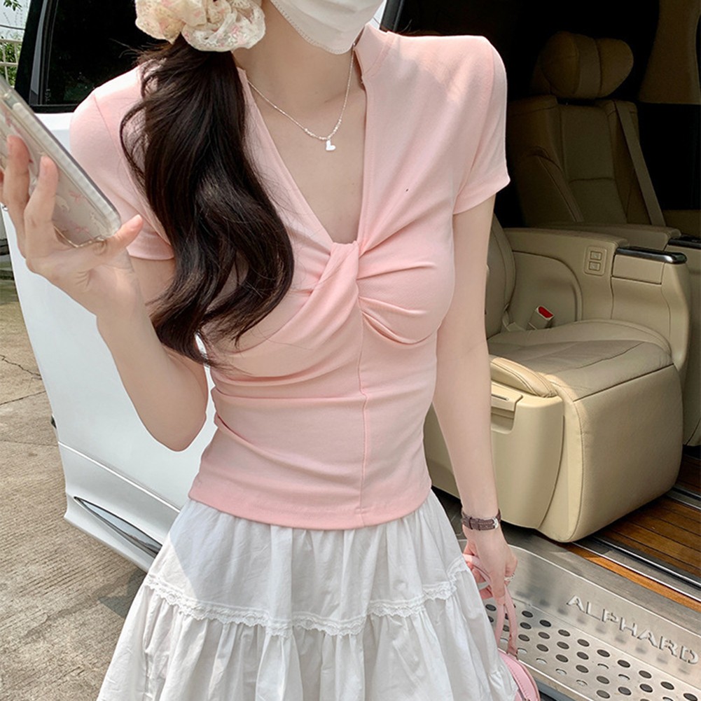 For Daily Wear V Neck Pleated Shirt Short Sleeve Blouse Multiple Sizes Available - Picture 15 of 36
