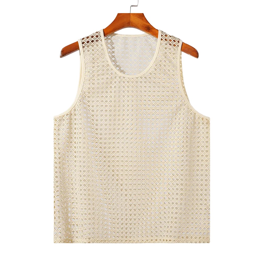 U Neck Mesh Hollow Vests for Men Stylish Korean Summer Sleeveless Tanks - Picture 19 of 36