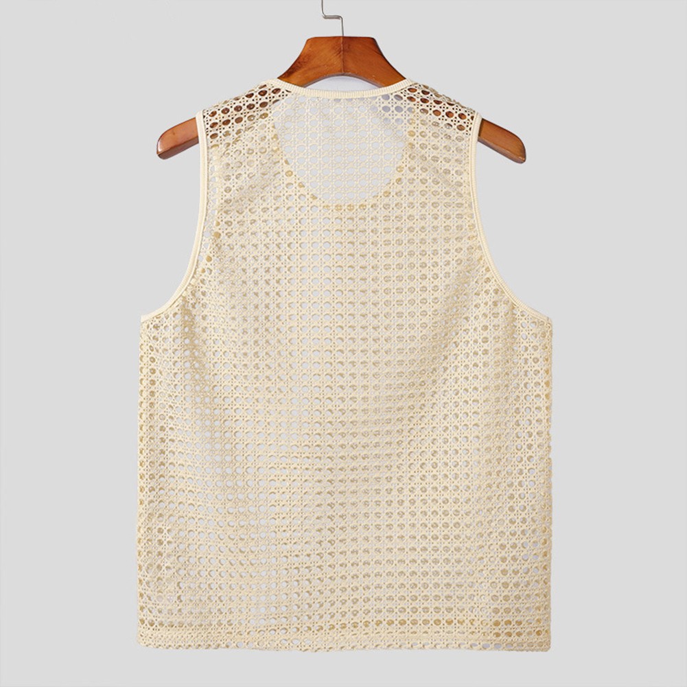 U Neck Mesh Hollow Vests for Men Stylish Korean Summer Sleeveless Tanks - Picture 22 of 36