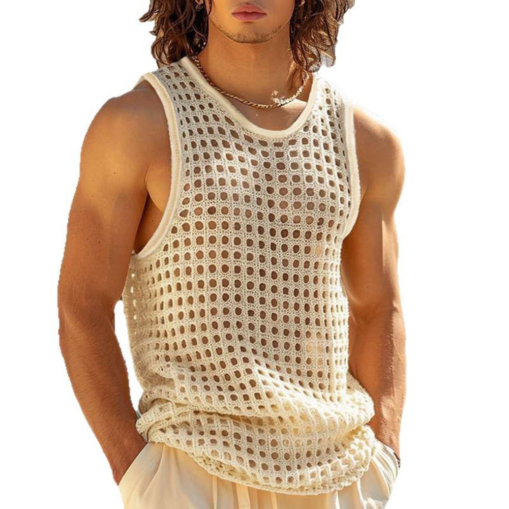 U Neck Mesh Hollow Vests for Men Stylish Korean Summer Sleeveless Tanks - Picture 20 of 36