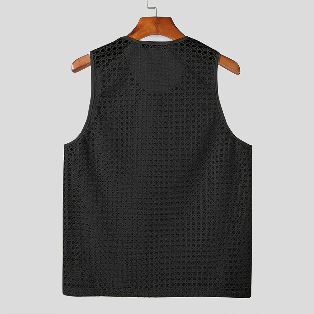 U Neck Mesh Hollow Vests for Men Stylish Korean Summer Sleeveless Tanks - Picture 35 of 36