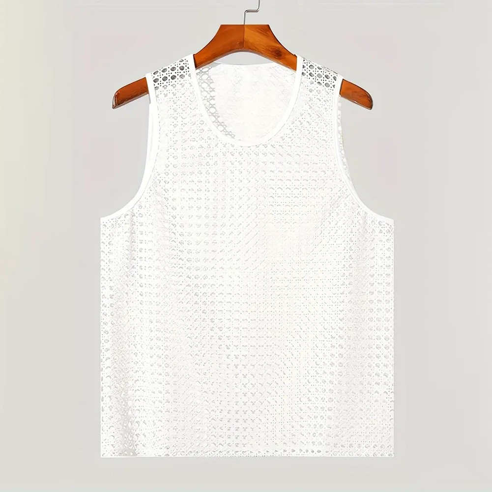 U Neck Mesh Hollow Vests for Men Stylish Korean Summer Sleeveless Tanks - Picture 30 of 36