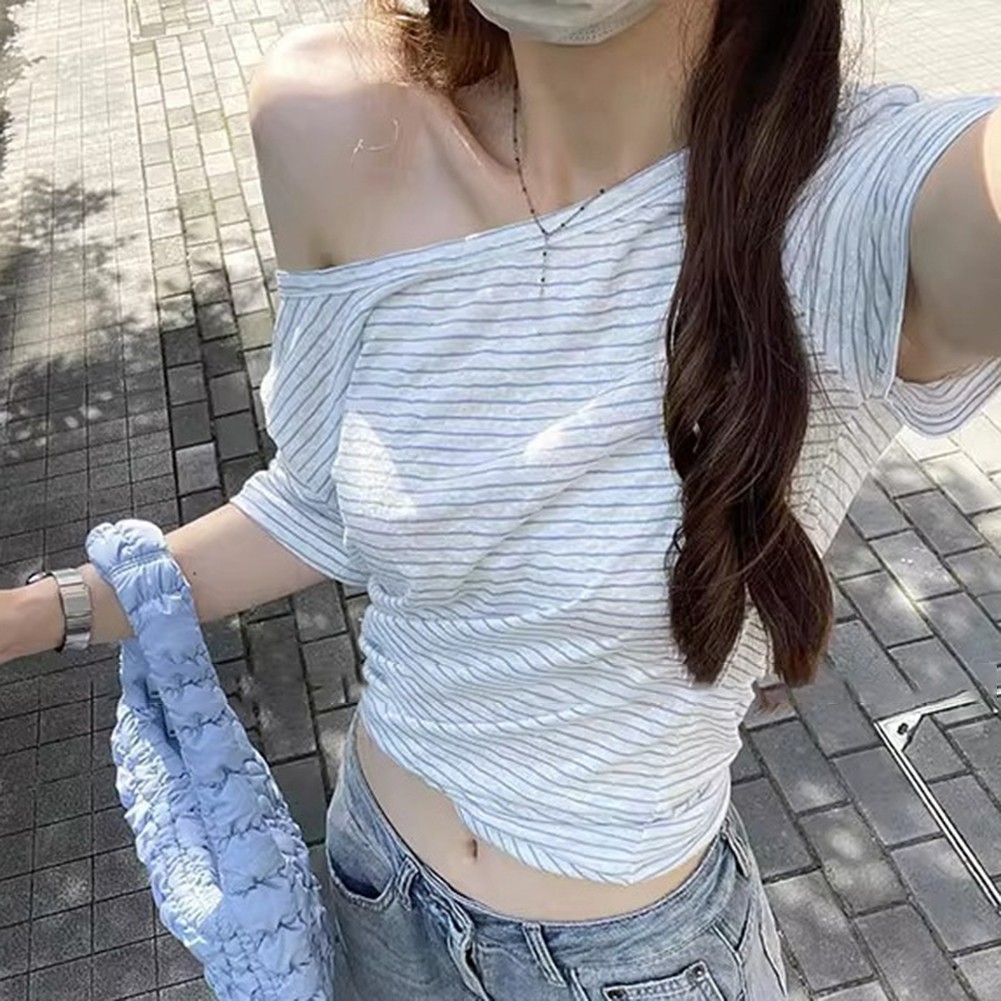 2025 Women Oblique Shoulder Short Sleeve T Shirt for Vacation and Daily Wear - Picture 18 of 36