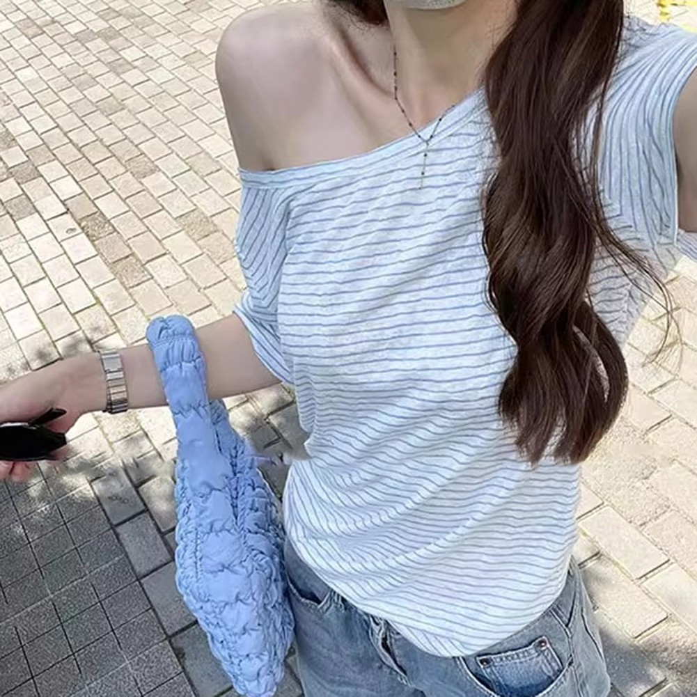 2025 Women Oblique Shoulder Short Sleeve T Shirt for Vacation and Daily Wear - Picture 14 of 36
