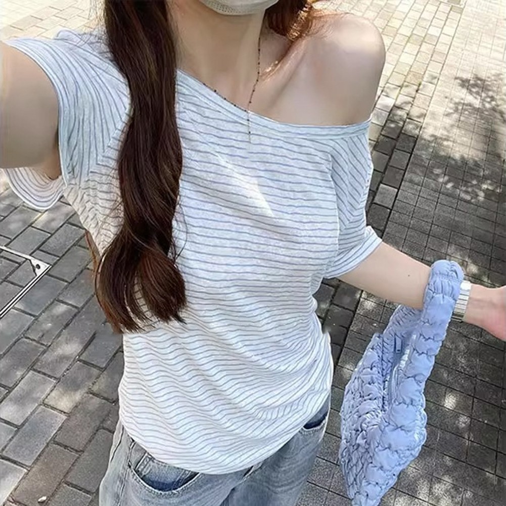 2025 Women Oblique Shoulder Short Sleeve T Shirt for Vacation and Daily Wear - Picture 16 of 36