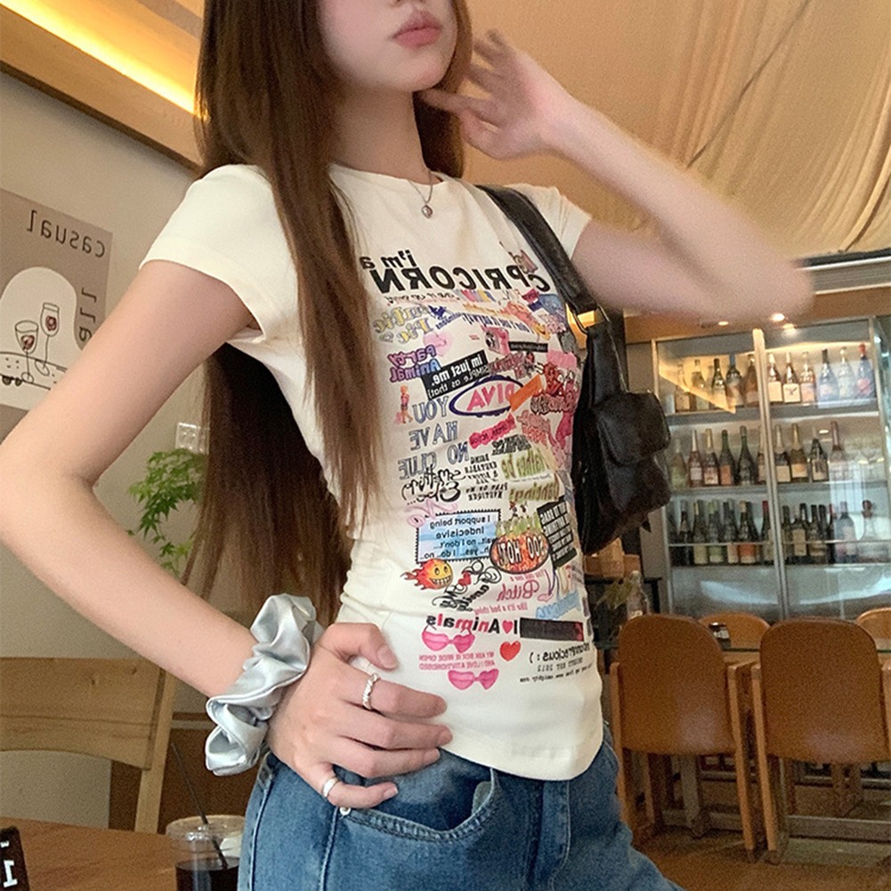 T-shirt femme décontracté dessin animé manches courtes col rond pour printemps été automne vente