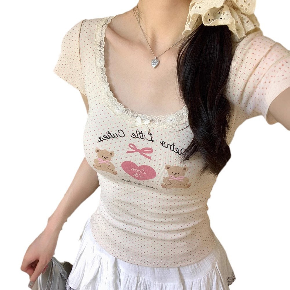 Dynamic Womens Lace T Shirt with Bear Print for Spring and Summer Adventures - Picture 16 of 18