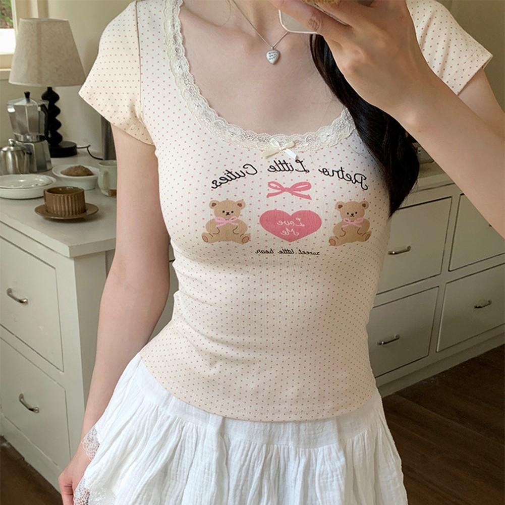 Dynamic Womens Lace T Shirt with Bear Print for Spring and Summer Adventures - Picture 17 of 18