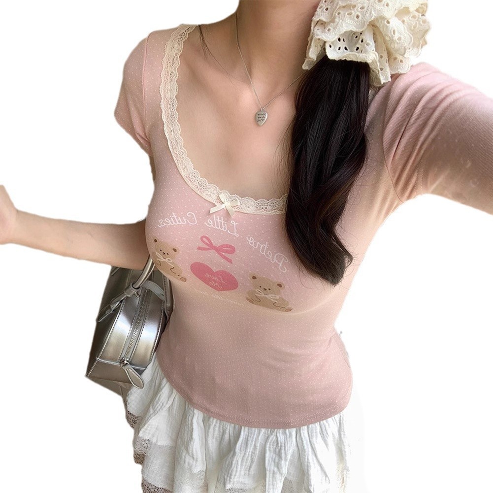 Dynamic Womens Lace T Shirt with Bear Print for Spring and Summer Adventures - Picture 14 of 18