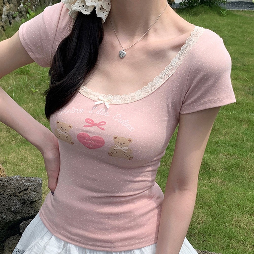 Dynamic Womens Lace T Shirt with Bear Print for Spring and Summer Adventures - Picture 12 of 18